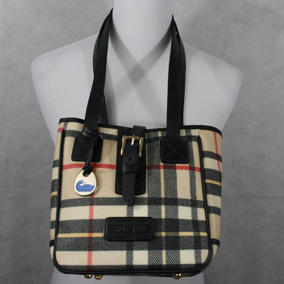 Dooney & Bourke Handbags - Vintage 80's Dooney & Bourke White Canvas Mini Tote Handbag w/Black & Red Stripe